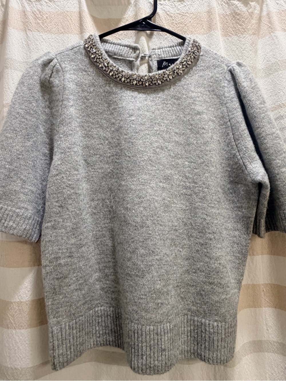 Marled Gray Jeweled Collar Crewneck Sweater